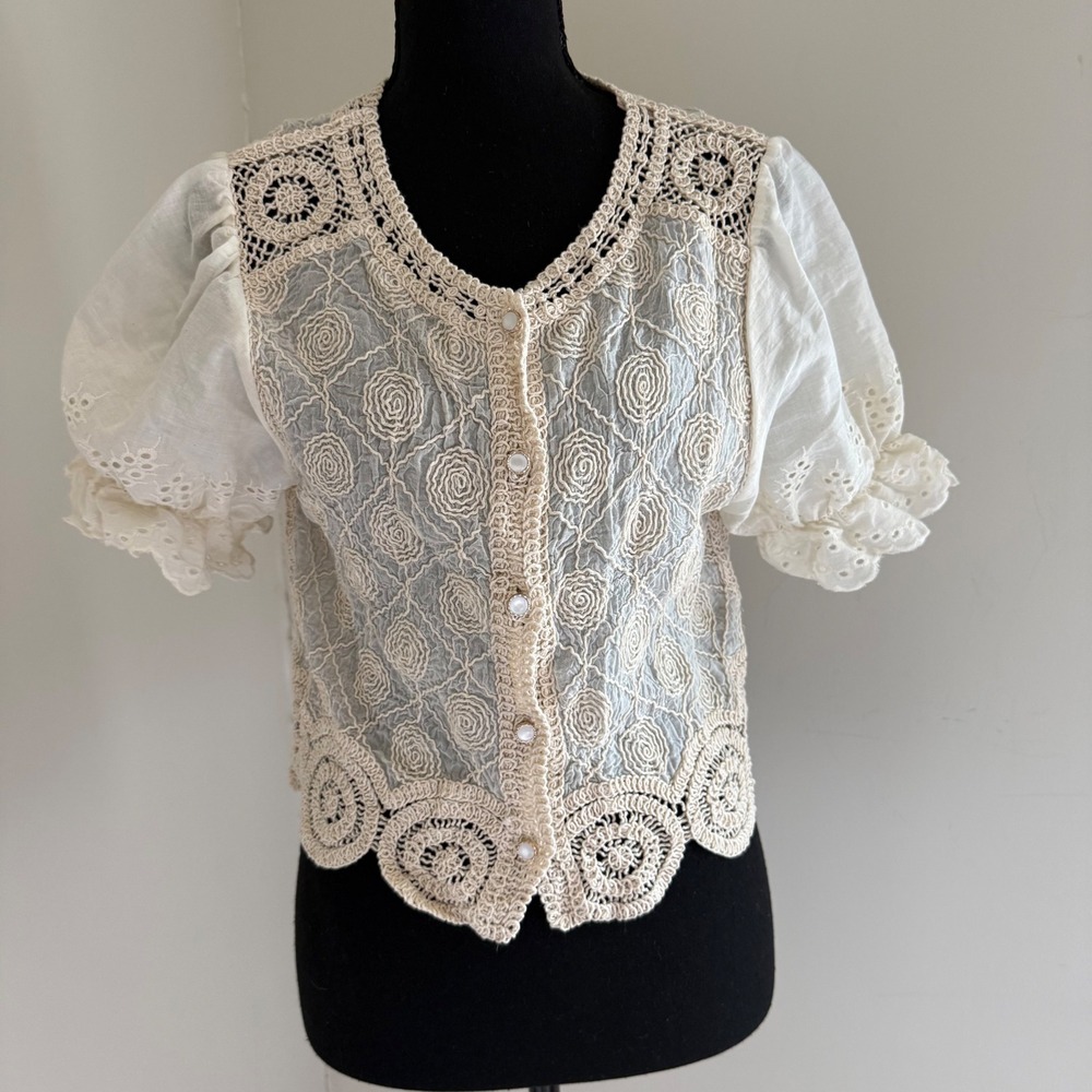 POL  Ivory Crochet Lace Puff Sleeve Button Front Boho Cottagecore Top